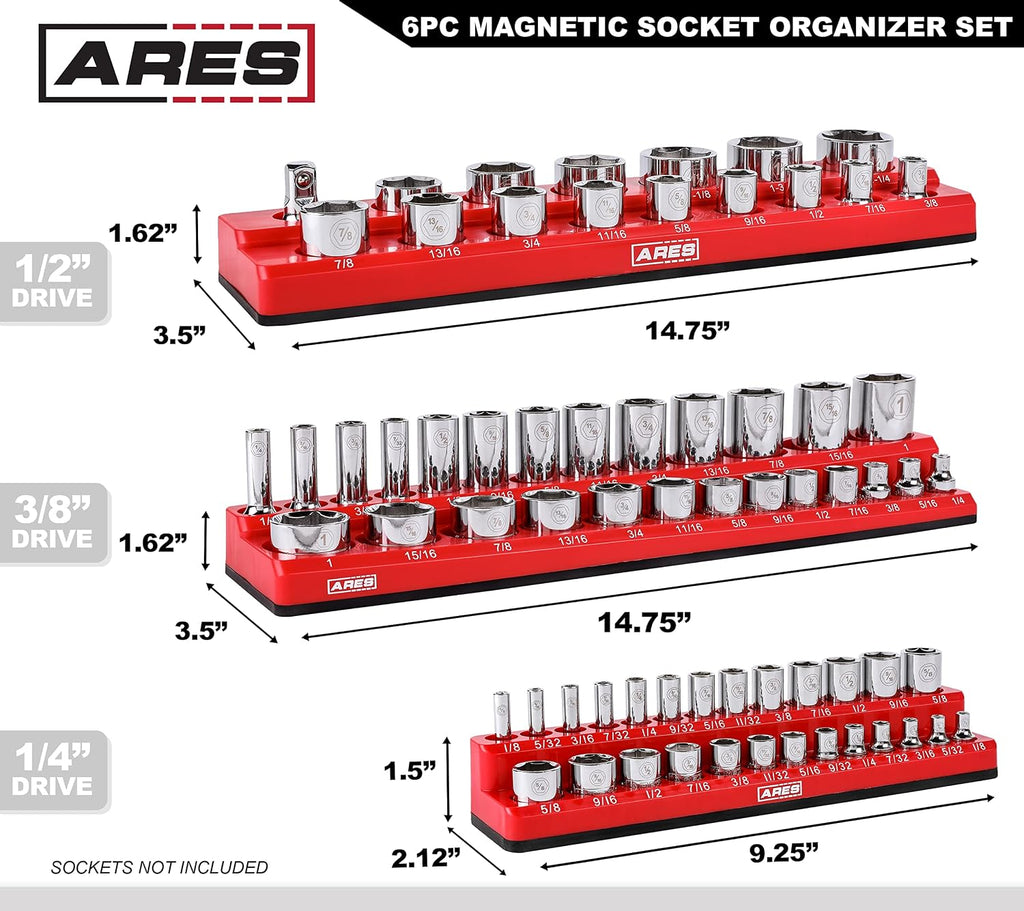 ARES 60058-6-Piece Magnetic Socket Organizers - Metric and SAE Set Blue and Red -1/4 in, 3/8 in, 1/2 in Socket Holders -143 Pieces of Standard (Shallow) and Deep Sockets -Organize Your Tool Box