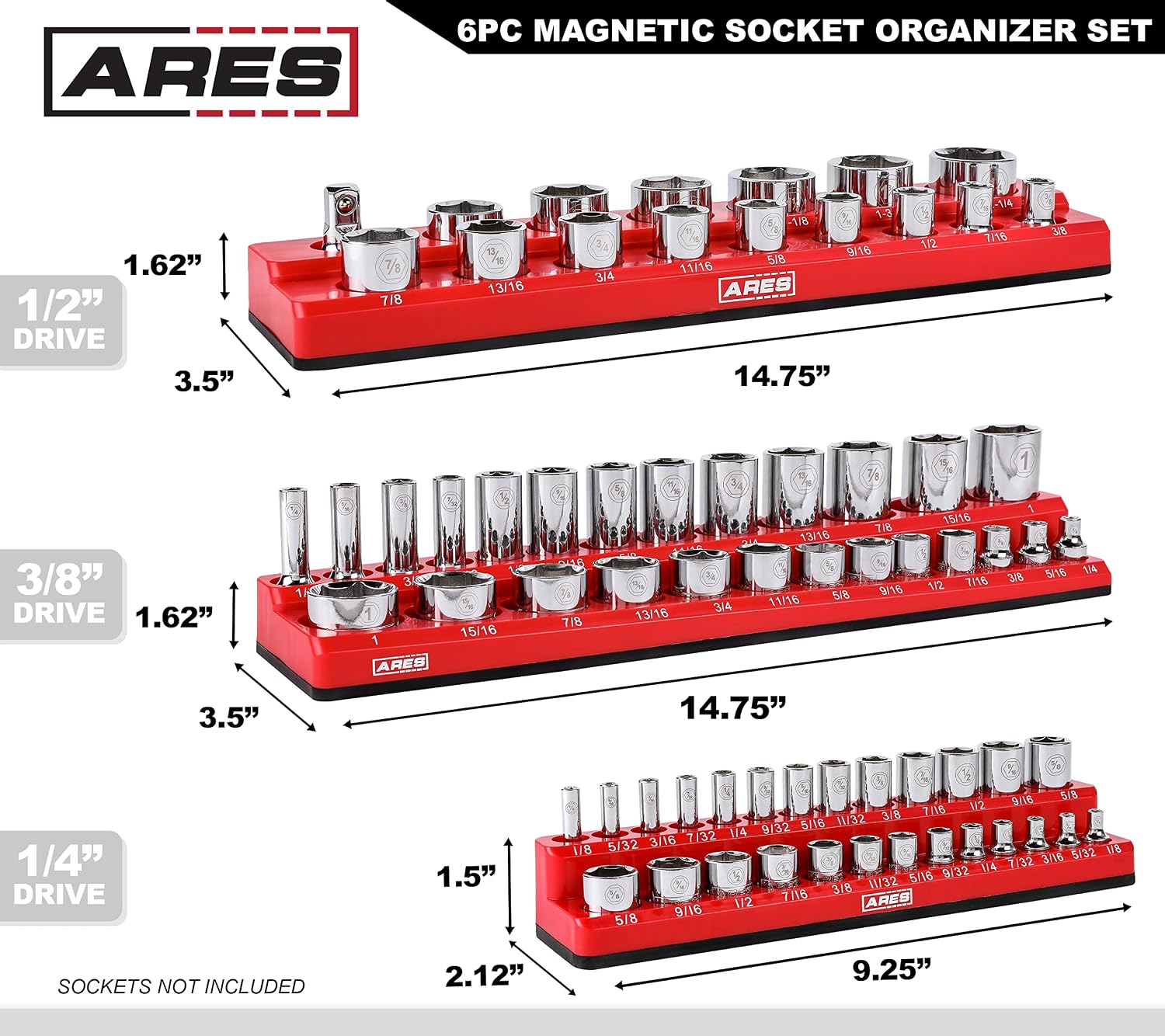 ARES 60058-6-Piece Magnetic Socket Organizers - Metric and SAE Set Blue and Red -1/4 in, 3/8 in, 1/2 in Socket Holders -143 Pieces of Standard (Shallow) and Deep Sockets -Organize Your Tool Box