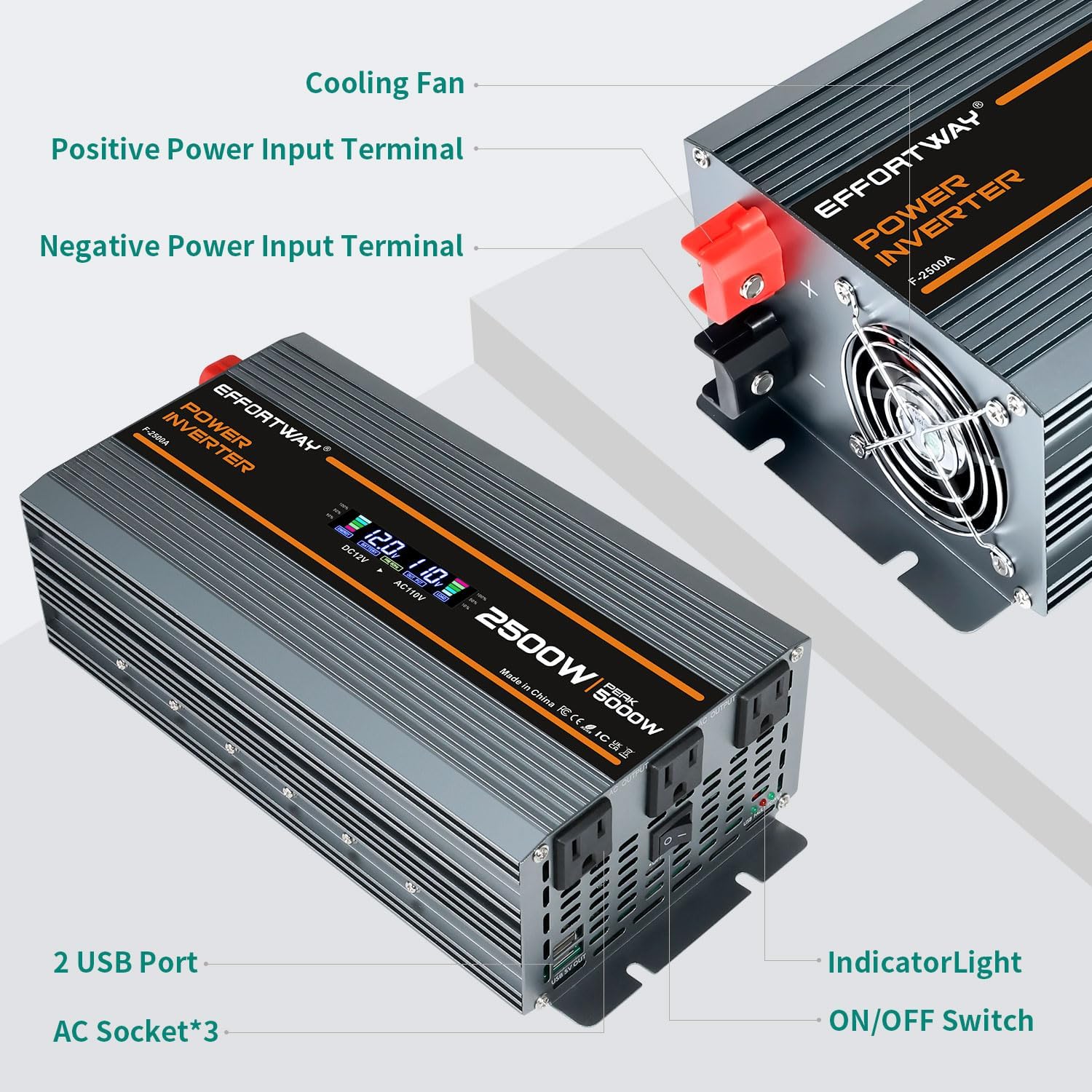 2500W Power Inverter. 12V DC to 110V/120V AC Converter 5000W (Peak) with LCD Display, 3 AC outlets, 2 USB, 2500w Inverter for Camping RV Travel Outdoor Truck Off-Grid Solar inverters