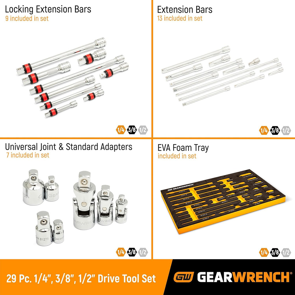 GEARWRENCH 29 Piece 1/4', 3/8', 1/2' Drive Chrome Tool Accessories Set with EVA Foam Tray - 86523
