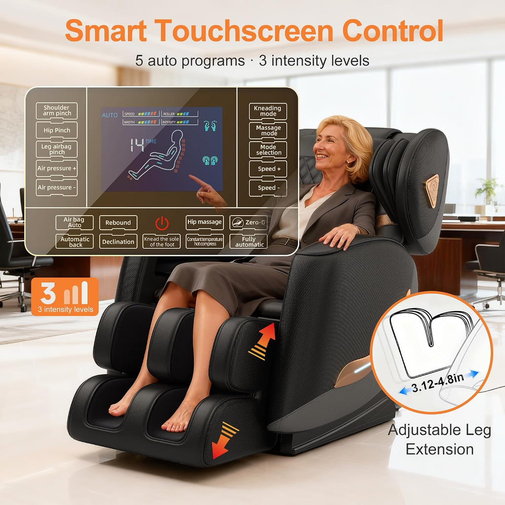 Massage Chair Full Body and Recliner, Zero Gravity Massage Chairs, 10 Fix Rollers, Airbags, Heating, Foot Massage, Auto Modes, Bluetooth Speaker and Touch Control Screen for Home and Office (Black)