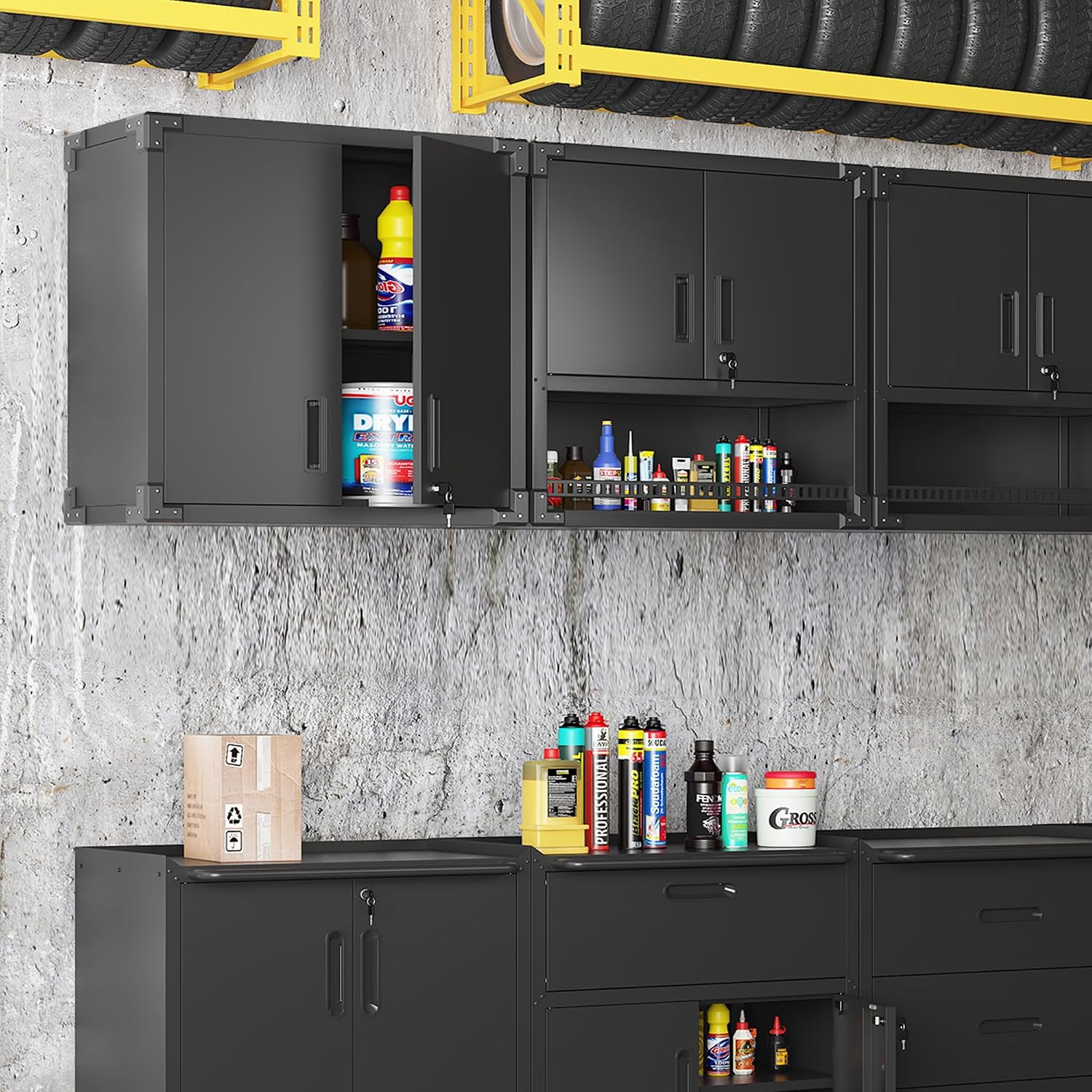 Metal Garage Wall Cabinet with Lock, Wall Mounted Metal Storage Cabinets with Doors and Shelf, Lockable Floating Tool Storage for Garage Basement Utility Room