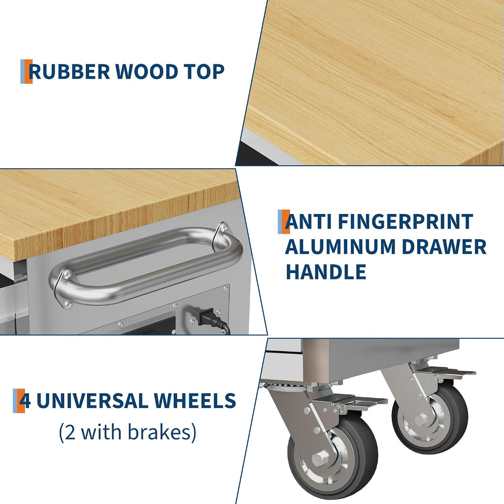 61'' Rolling Tool Chest with 9 Drawers and Wheels, Heavy-Duty Tool Cabinet, Mobile Workbench for Garage, Repair Shop and Tool Room, Stainless Steel Storage, Silver