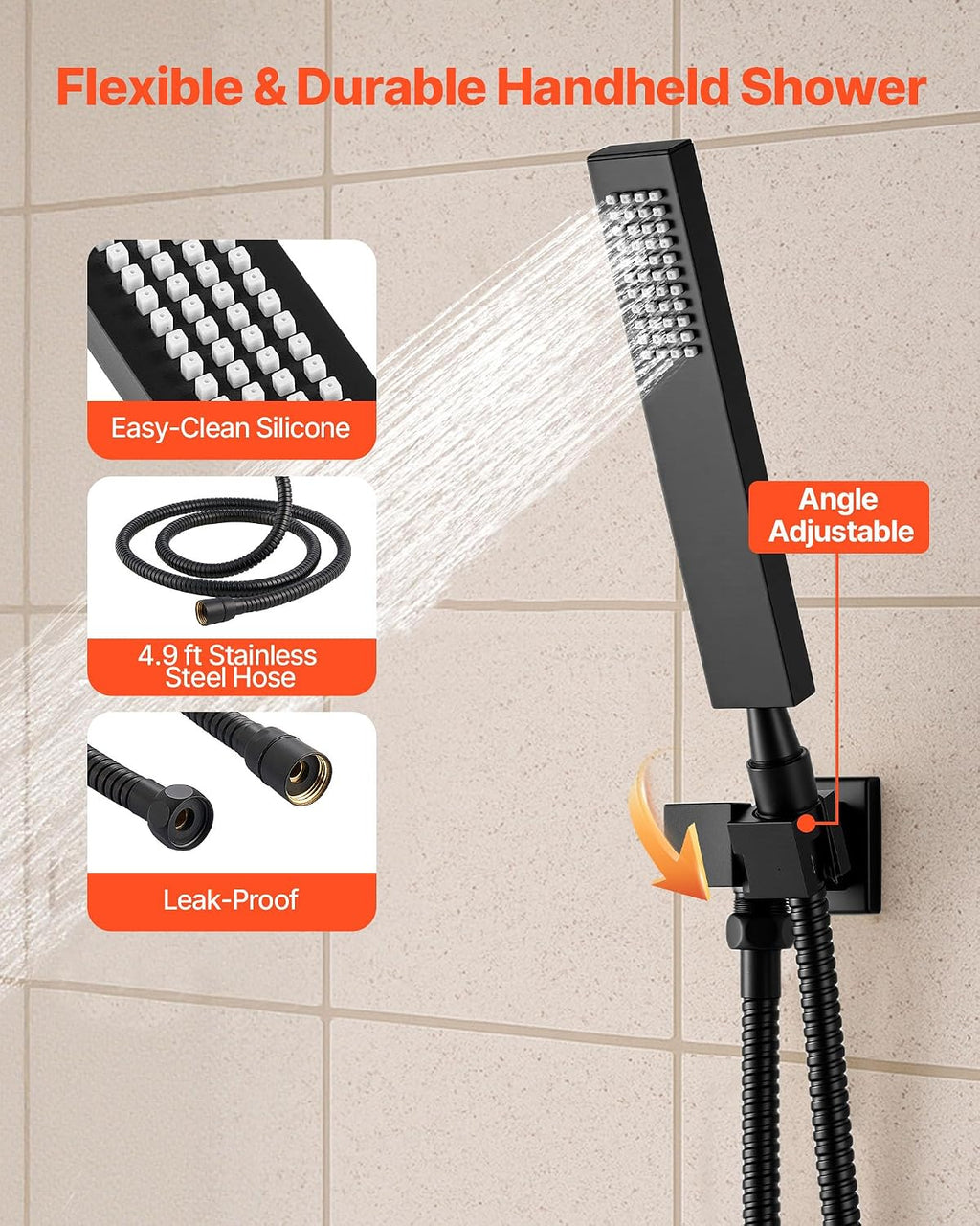 VEVOR Shower Faucet Set, 16 Inch Thermostatic Ceiling Mount Rainfall Shower System with 6 Body Jets and Handheld Spray, Rotatable 3-Function Rain Head Complete Brass Valve and Trim Kit, Matte Black