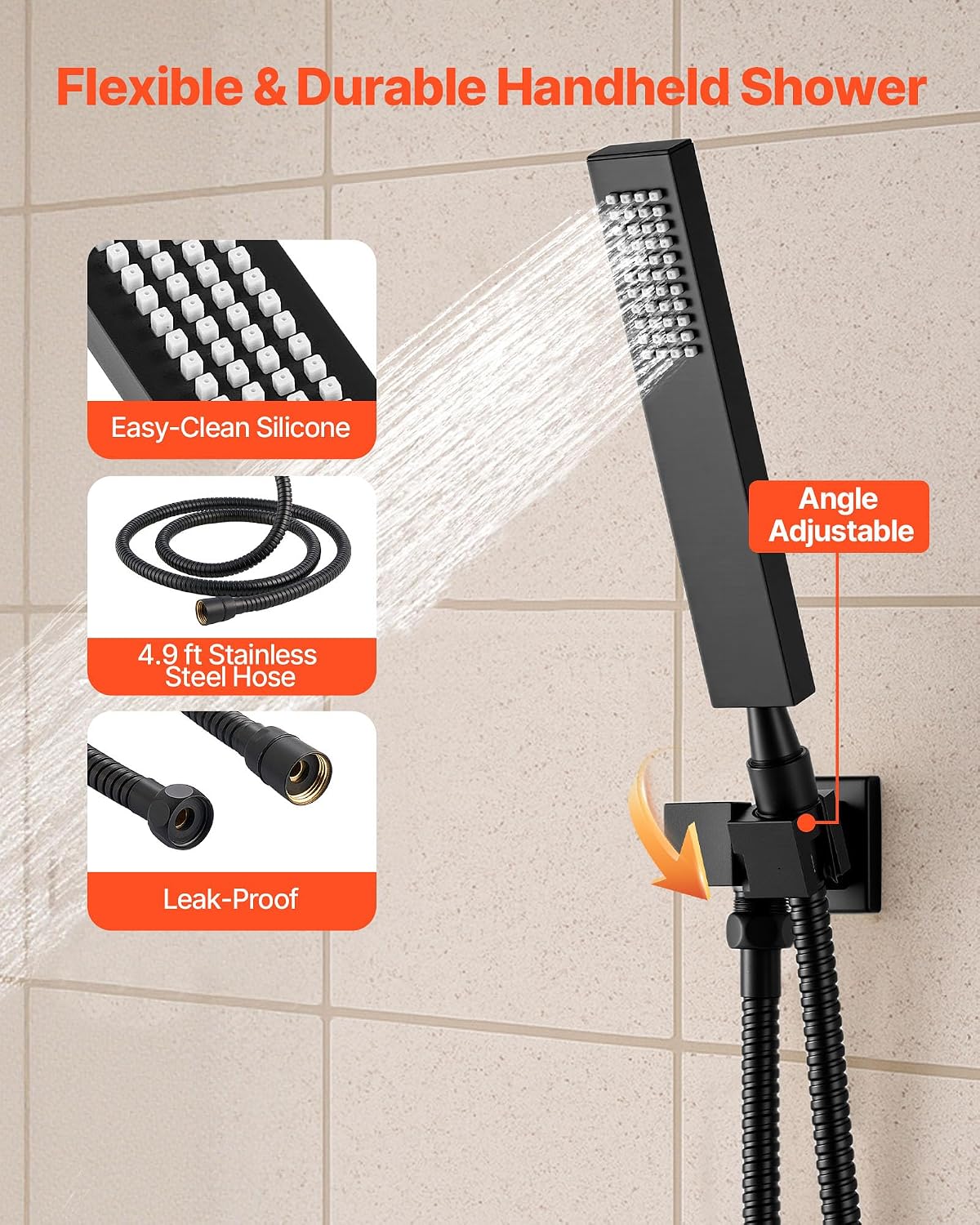 VEVOR Shower Faucet Set, 16 Inch Thermostatic Ceiling Mount Rainfall Shower System with 6 Body Jets and Handheld Spray, Rotatable 3-Function Rain Head Complete Brass Valve and Trim Kit, Matte Black