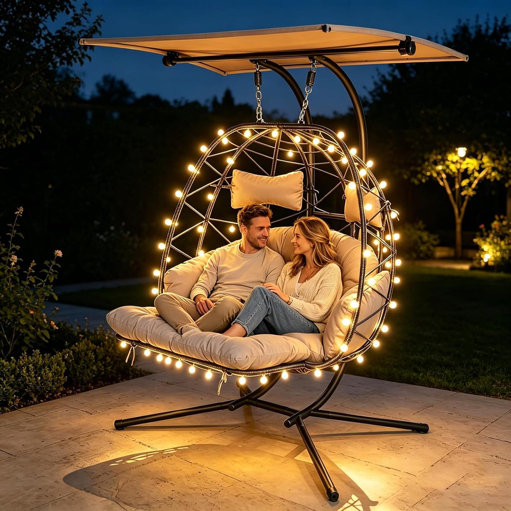 Double Egg Chair Outdoor with Stand & Canopy, 2 Person Hanging Egg Chair with Footrest, Oversized Rattan Wicker Egg Swing Chair with Lights for Bedroom Garden, 660Lbs (Black-LG with Light)