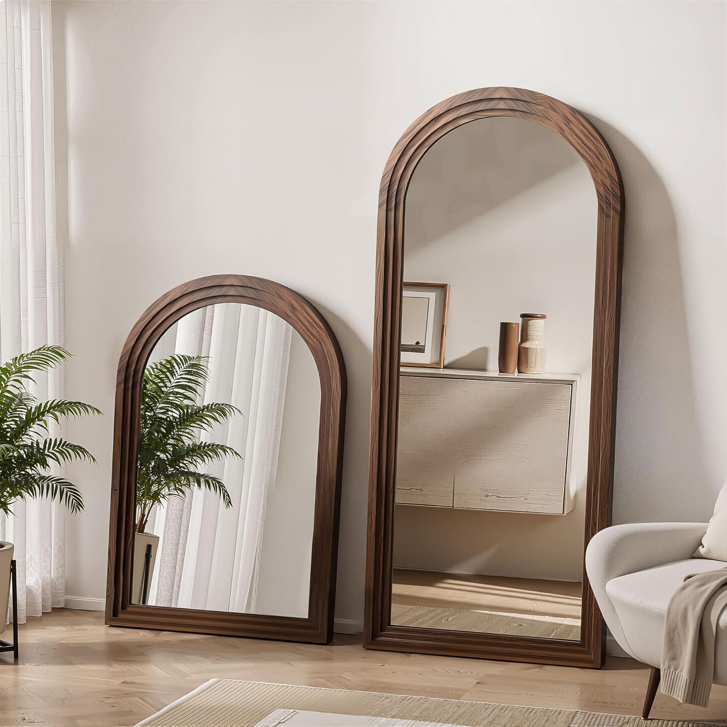 Delma Arched Full Length Floor Mirror with Stand, 55x24 Rustic Farmhouse Solid Wood Frame Wall Mirror for Bedroom, Living Room, Vertical Hanging & Standing(Brown)