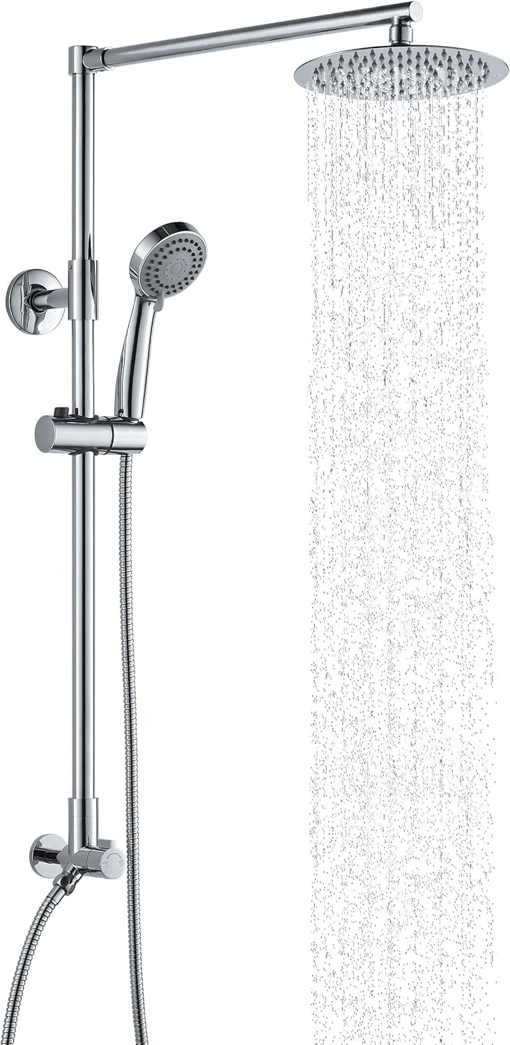 Fennocasa Polaris 3 Retrofit Rain Shower System, 3-Setting Handheld Shower Combo with Slide Bar, 8' Low Profile Shower Head (2.5 GPM Chrome)