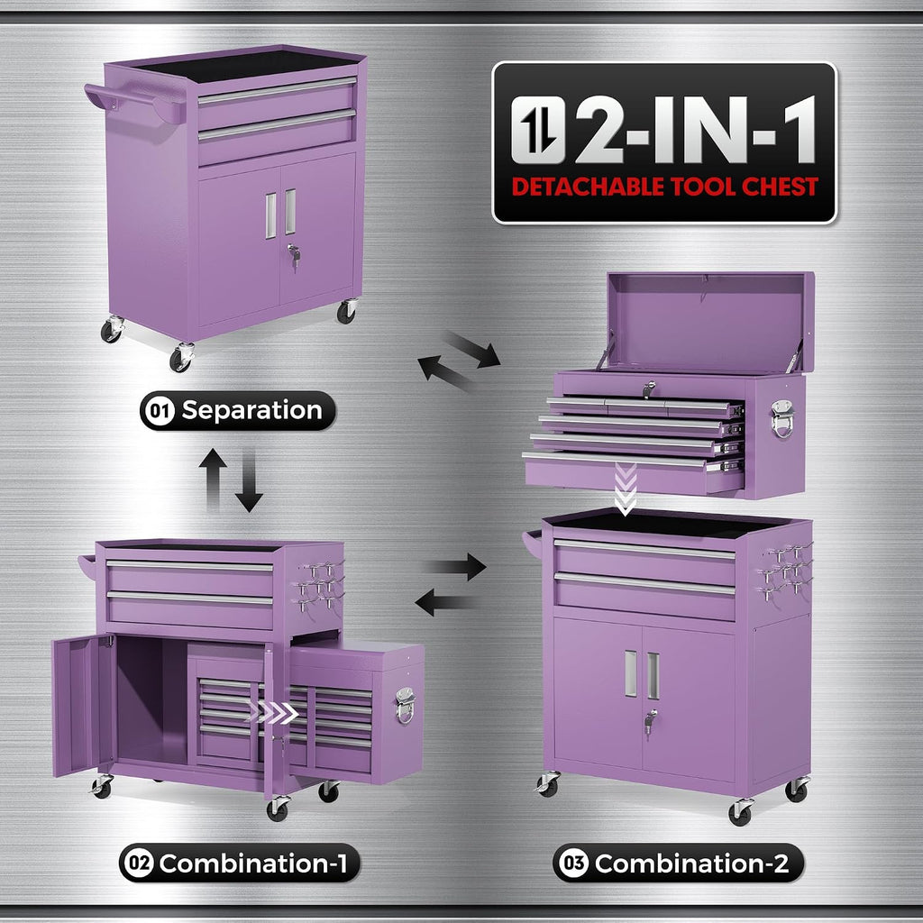 INTERGREAT 8 Drawers Tool Chest, 42'' Large Rolling Tool Chest with Drawers, Detachable Top Tool Box, Tool Cabinet for Repair Room,Warehouse, Rolling Tool Box with Hooks,Tray Divider,Liners(Purple)