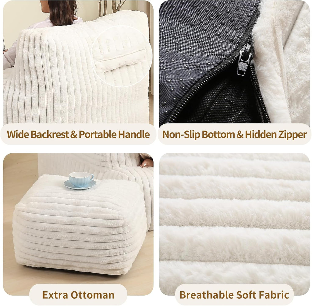 MOMCAYWEX Comfy Gaint Bean Bag Chair with Ottoman, Fluffy Huge Bean Bag Armchair for Adults and Teens, Cream