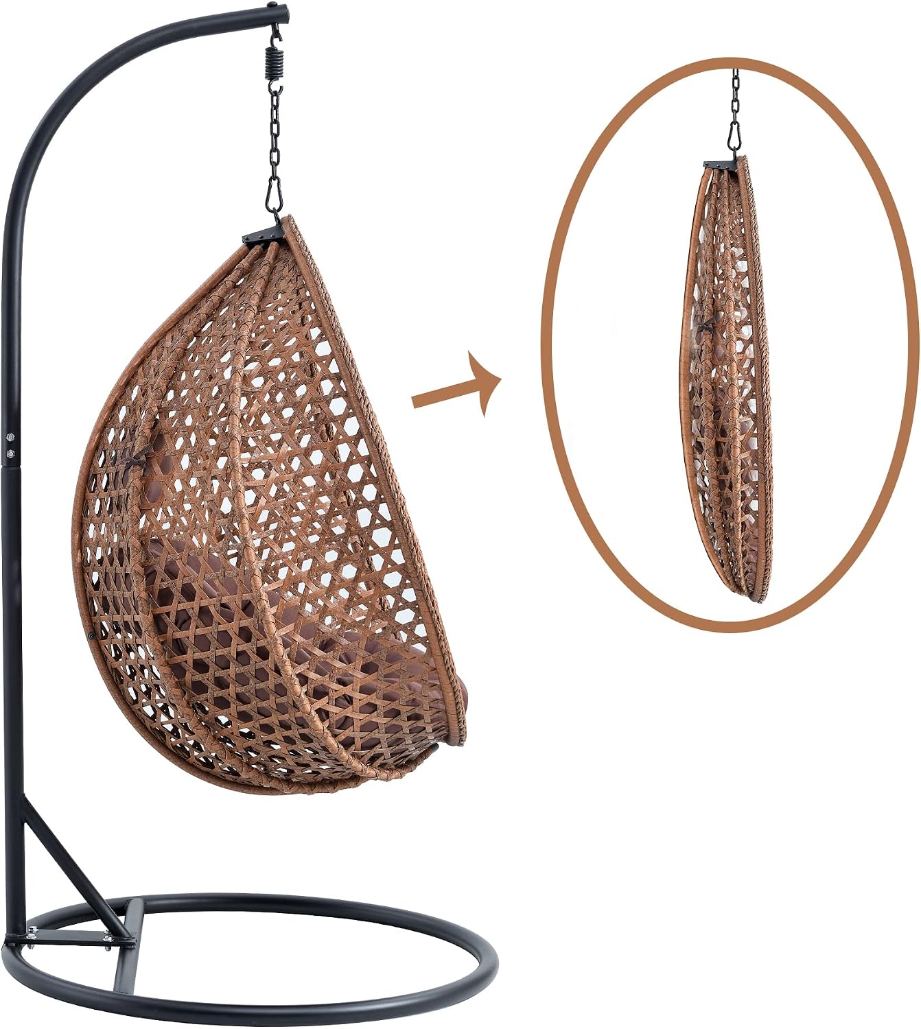 Egg Swing Chair with Stand,Brown Swing Egg Chair with Stand, Rattan Hanging Egg Chairs with Soft Cushion, Outdoor Hanging Chair with Foldable Basket & Metal Stand for Bedroom Patio (Brown)