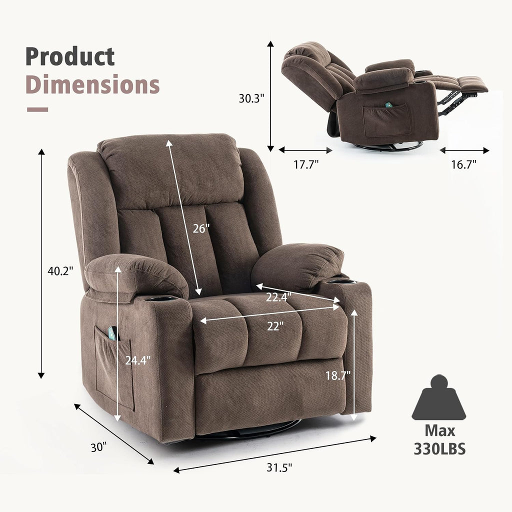 Ketaiyou Rocker Swivel Recliner Chair for Adults, Overstuffed Large Manual Recliner Glider with Massage and Heat, Comfy Soft Fabric Living Room Reclining Sofa Chair (Cocoa1)