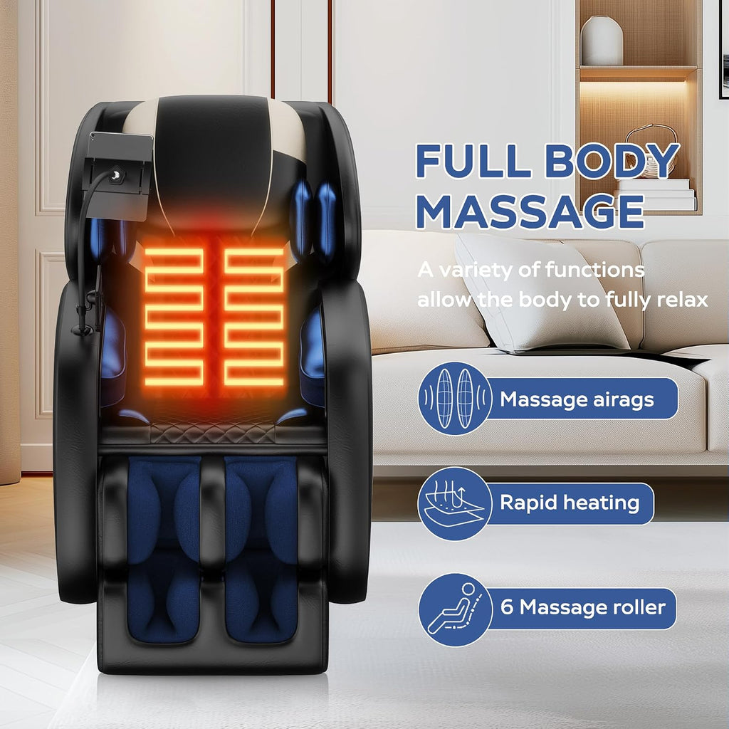 Zero Gravity Massage Chair Recliner with 8 Roller Heads, Full Body Air Pressure System, Heated Waist and Legs, Foot Roller Therapy, Bluetooth Audio, Automatic Programs for Home Office, Black