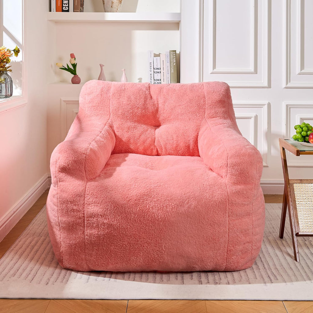 Cvortll 37' Bean Bag Chairs Large Bean Bag Couch for Adults Stuffed Sofa Chair Comfy Giant Bean Bag Chair - Plush Faux Fur Cover, for Reading, Playing or Relaxing (Pink)