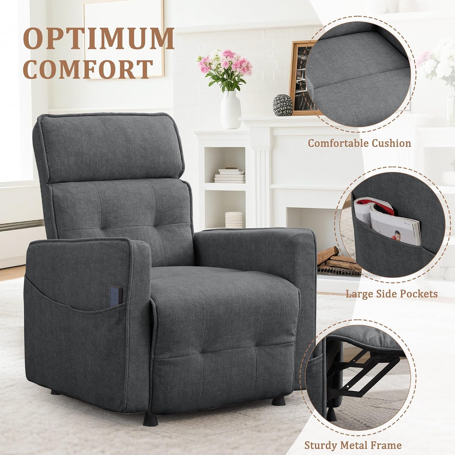 Korser Power Recliner Chair for Living Room, Electric Recliner Chairs for Adults, Comfy Recliners with Side Pockets & One-Touch Adjustment, Cashmere Reclining Chair for Reading, Bedroom, Lounge, Grey