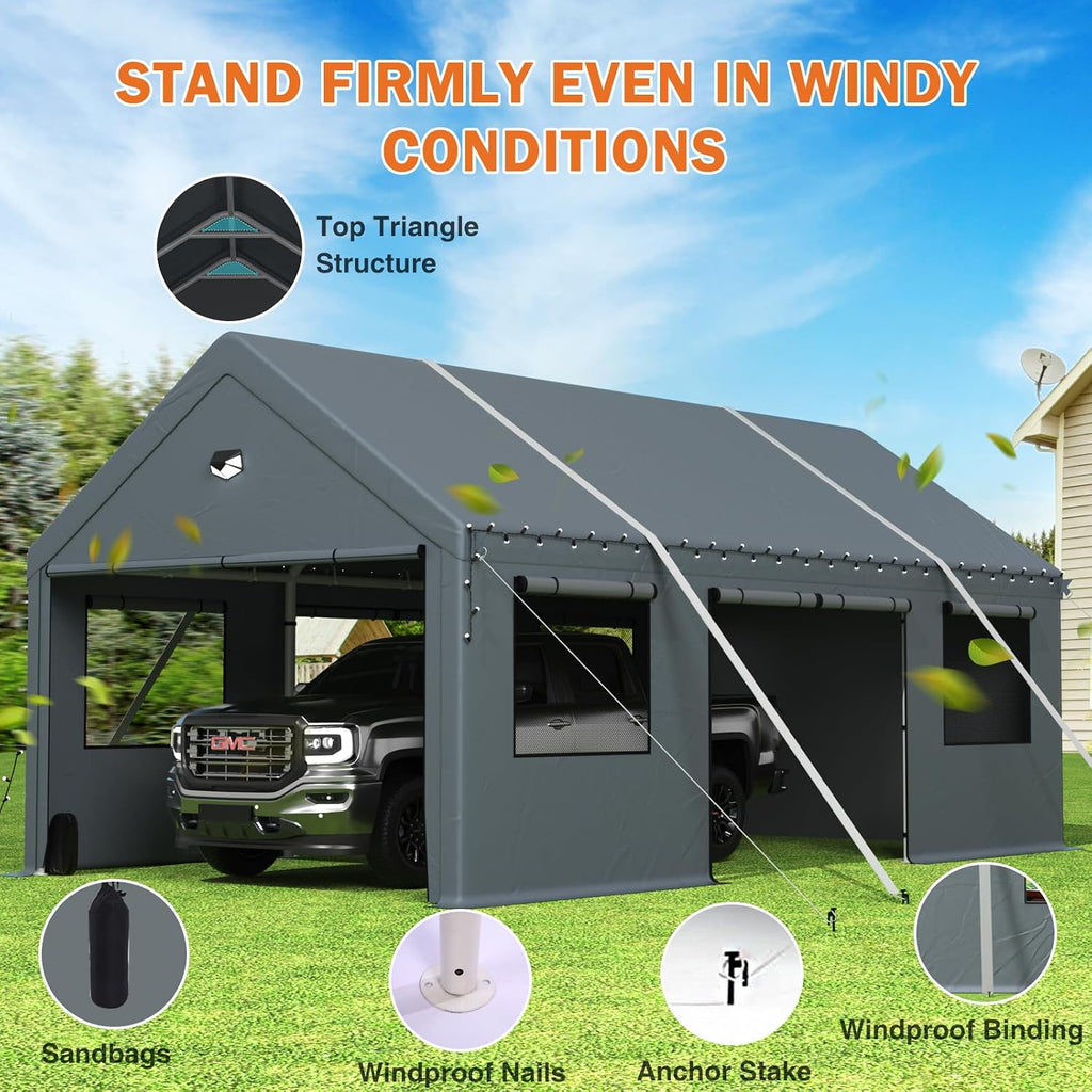 Carports Heavy Duty 10X16，Portable Car Port Garage，Carport Canopy with Side Doors，Outdoor Car Shelter All Weather,Gray