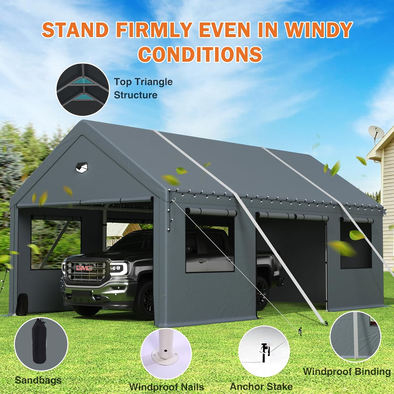 Carports Heavy Duty 10X16，Portable Car Port Garage，Carport Canopy with Side Doors，Outdoor Car Shelter All Weather,Gray