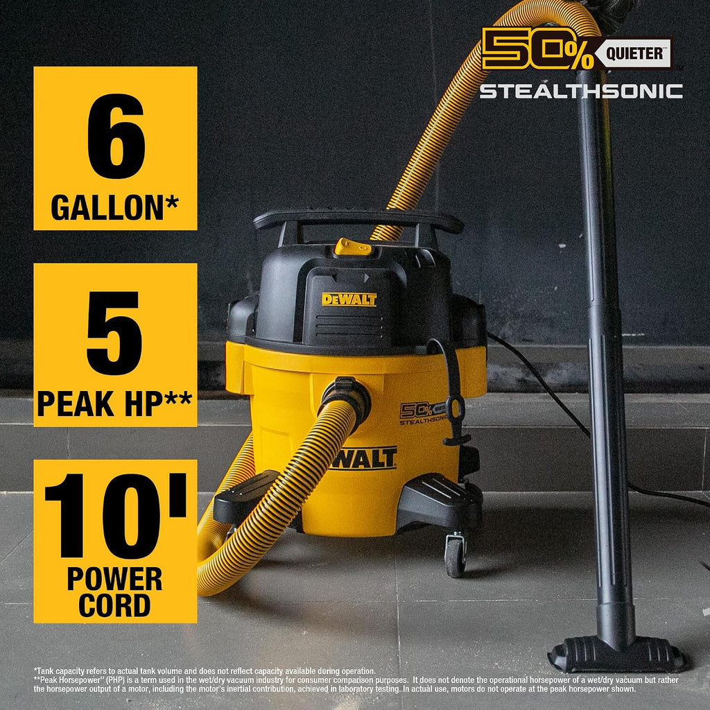 DEWALT 6-Gallon STEALTHSONIC Ultra Quiet Poly Shop Vacuum Wet and Dry with 6 Dust Bags, 5 Peak HP Noise Reduction Wet/Dry Vac for Jobsite, Workshop, and Garage, DXV06P-QTB