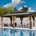 EAGLE PEAK 12x20 Hardtop Gazebo, Galvanized Steel Double Roof with Aluminum Frame, Outdoor Pavilion with Netting and Curtains for Patio, Deck, Lawn and Garden, Dark Brown/Tan