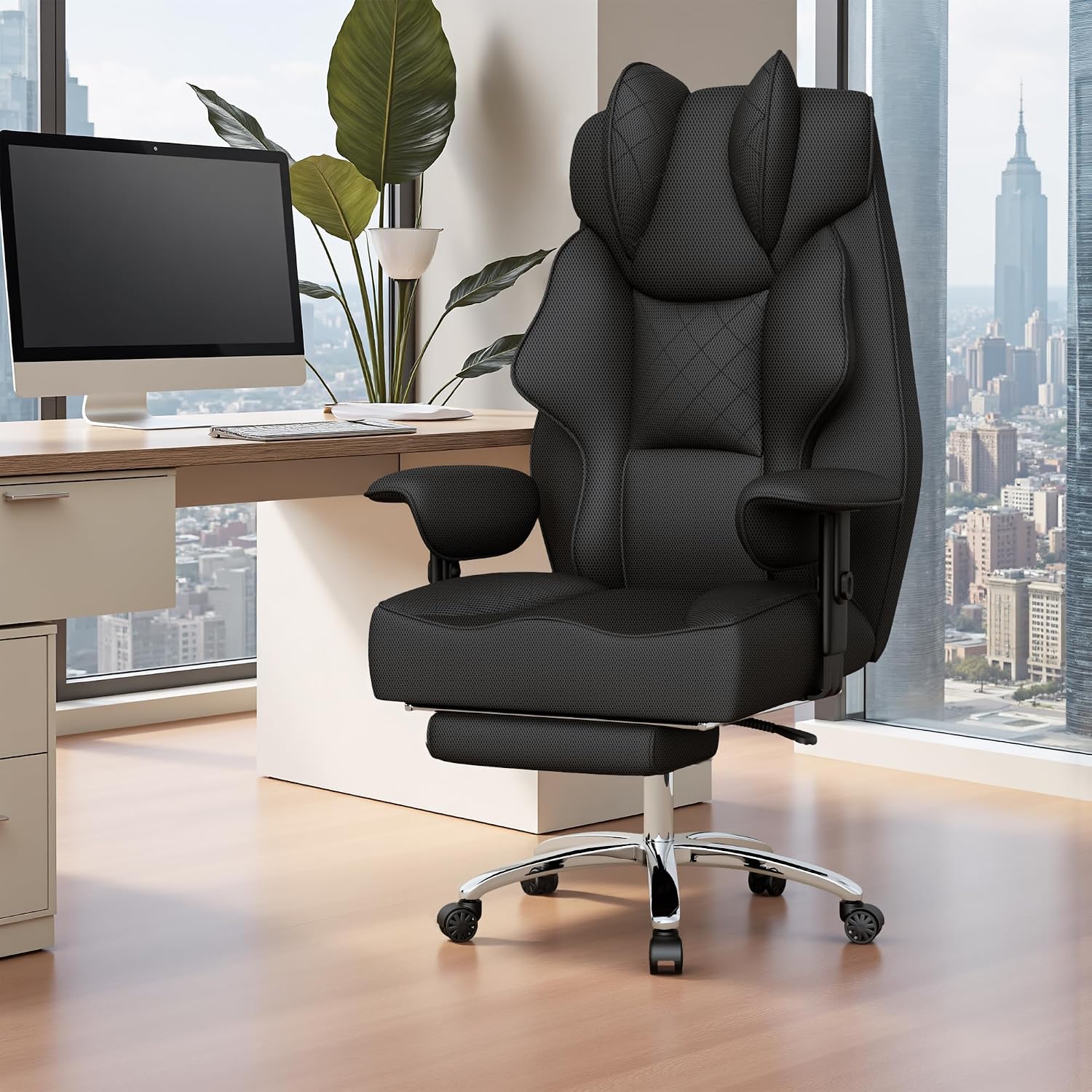 Homall Big and Tall Massage Office Chair,Reclining High Back Ergonomic Home Office Desk Chair with Adjustable Padded Armrest and Foot Rest (Mesh, Black)
