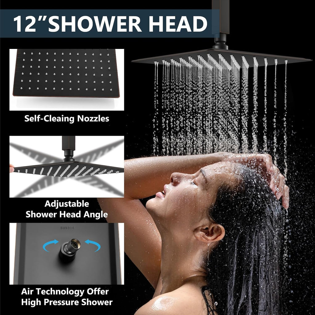 Aolemi Ceiling Mount Shower System Rain Shower Head with Handheld Spray High Pressure Shower Faucet Set Rough-in Valve Shower Trim Kit Included Bathroom Oil Rubbed Bronze 12 Inch Ceiling Shower Head