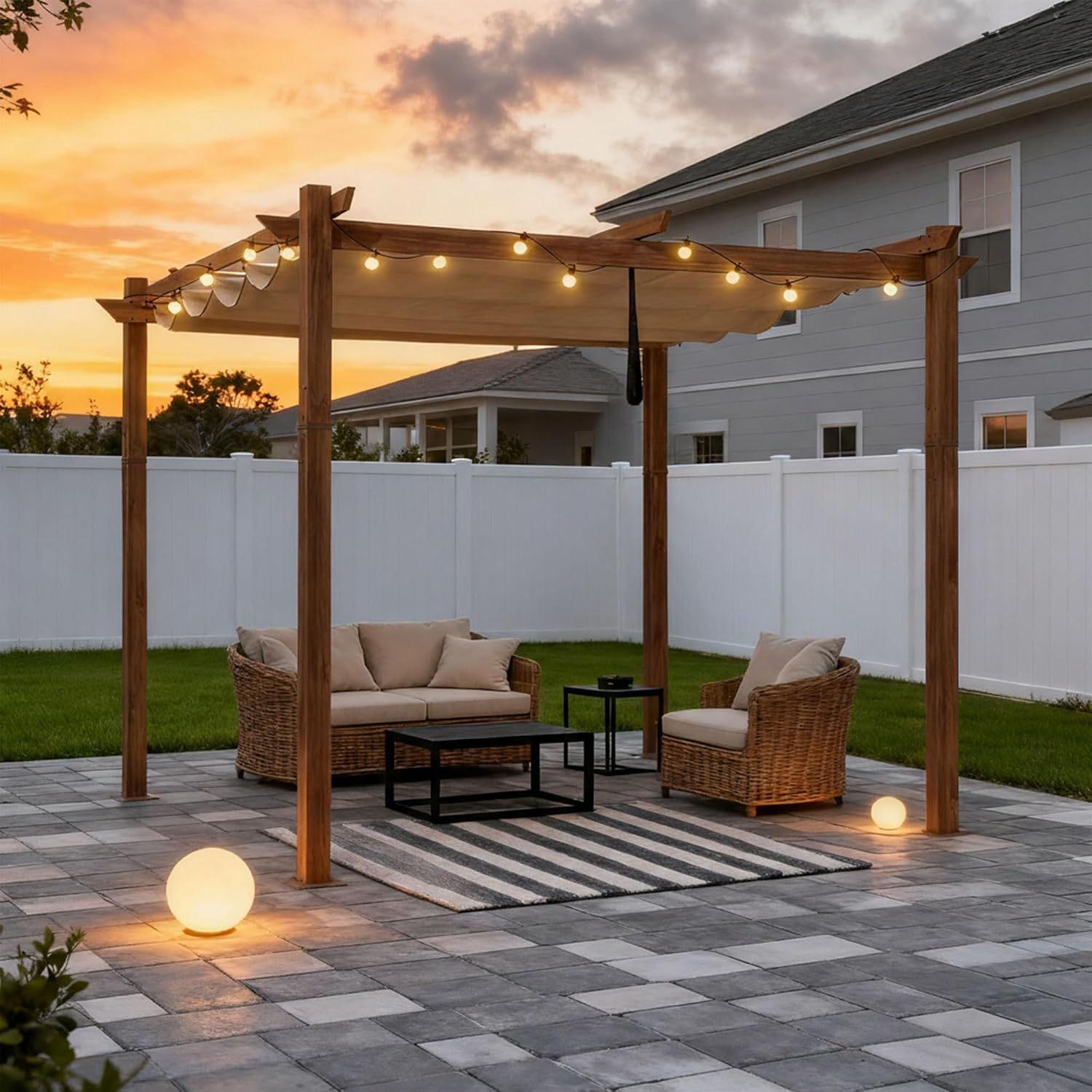 PURPLE LEAF 10' x 10' Outdoor Retractable Pergola with Sun Shade Canopy Patio Metal Shelter for Garden Porch Pavilion Natural Wood Grain Frame Modern Yard Grill Pergola with 12 LED Lights Khaki