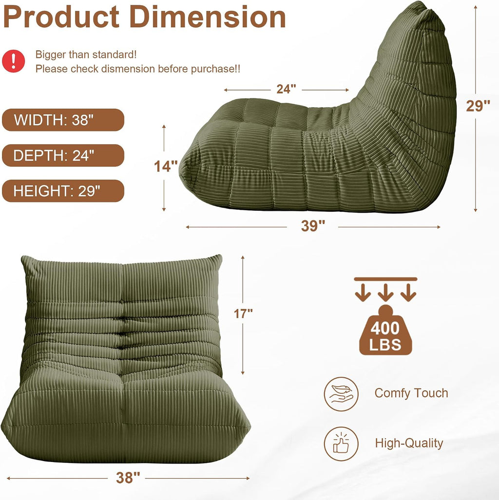 Bean Bag Chair for Adults, Giant Bean Bag Chairs with Lumbar Pillow, Oversized Corduroy Memory Foam Boneless Chair with High-Rebound, Lazy Floor Sofa for Reading Gaming Living Room Bedroom, Green