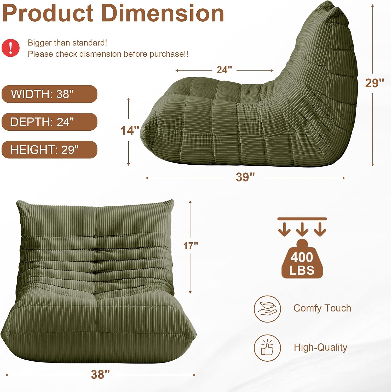 Bean Bag Chair for Adults, Giant Bean Bag Chairs with Lumbar Pillow, Oversized Corduroy Memory Foam Boneless Chair with High-Rebound, Lazy Floor Sofa for Reading Gaming Living Room Bedroom, Green