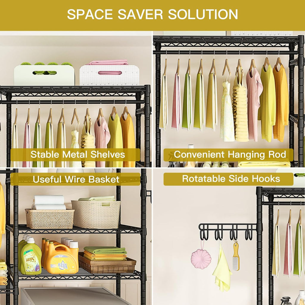 Ulif U5 Over the Washer and Dryer Storage Shelf, Laundry Room Space Saver Bathroom Storage and Organizer Rack for Hanging Towels and Drying Clothes with 5 Wire Shelves, 58.2'W x 13.4'D x 77.5'H, Black