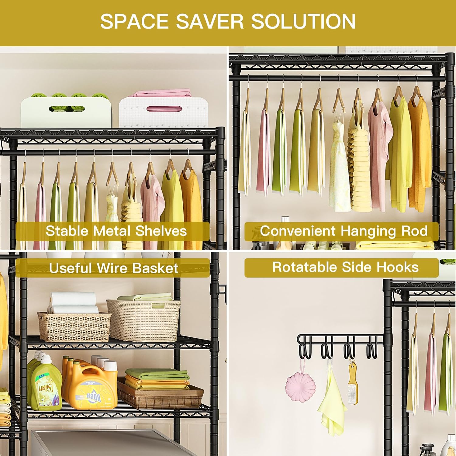 Ulif U5 Over the Washer and Dryer Storage Shelf, Laundry Room Space Saver Bathroom Storage and Organizer Rack for Hanging Towels and Drying Clothes with 5 Wire Shelves, 58.2'W x 13.4'D x 77.5'H, Black