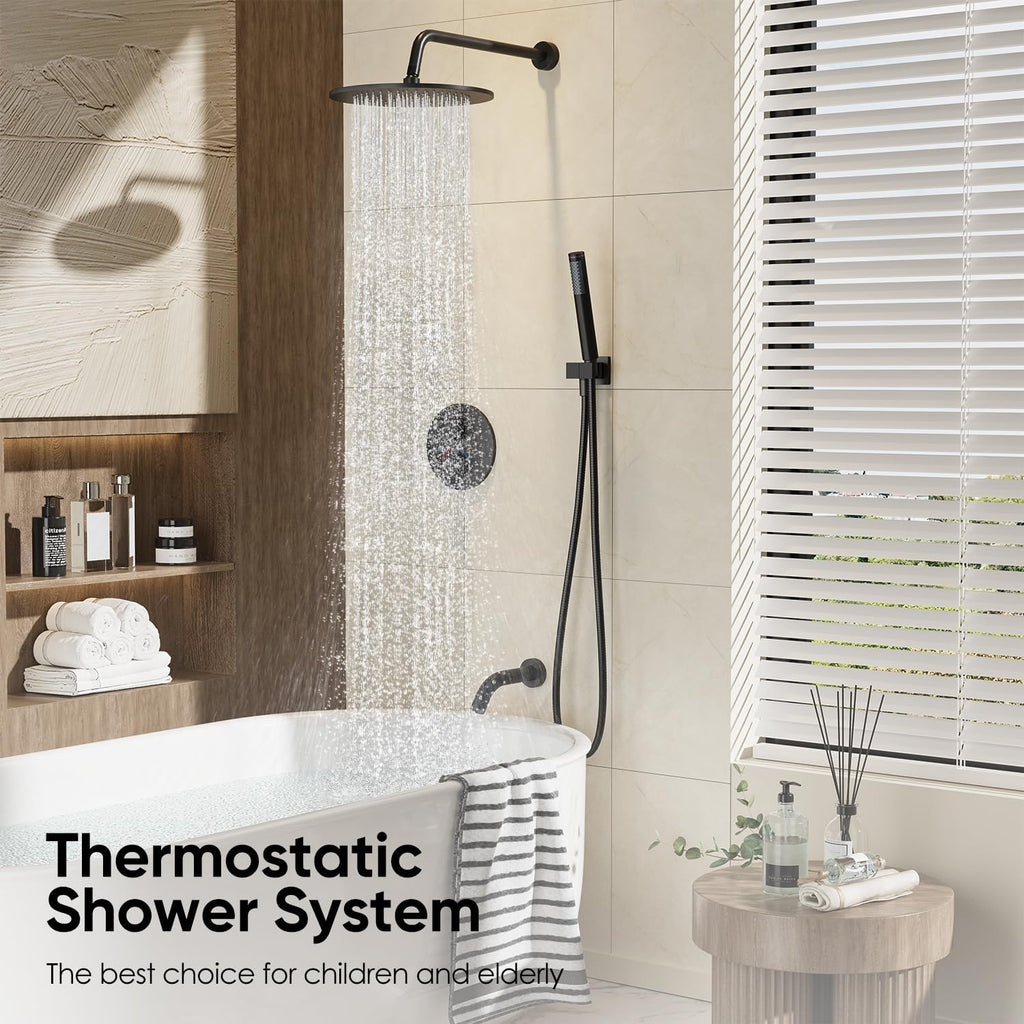 Gabrylly Thermostatic Shower System with Tub Spout, All Metal Bathtub Shower Faucets Set with Anti Scald Shower Valve, High Pressure 10' Rain Shower head with Handheld Spray Combo, Matte Black