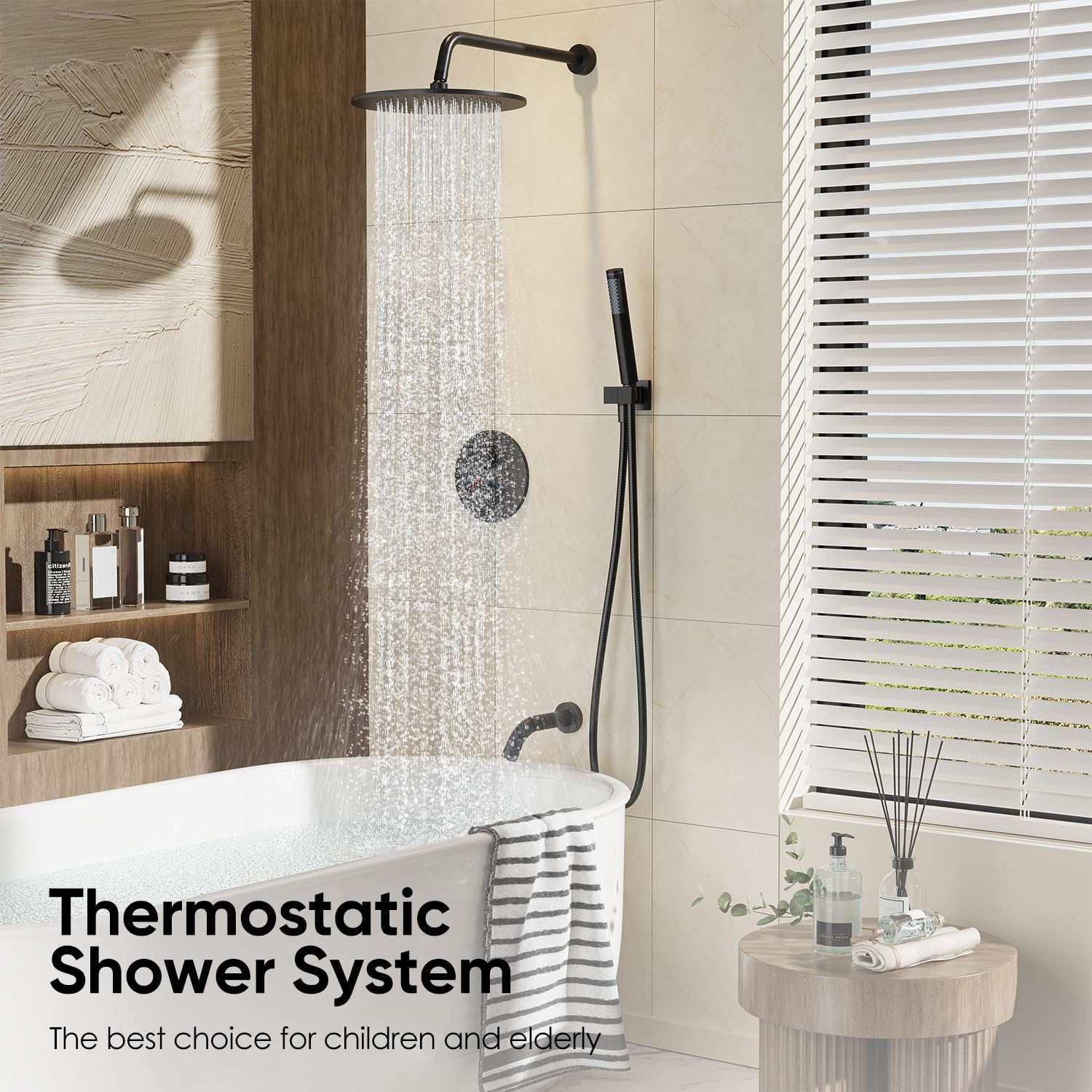 Gabrylly Thermostatic Shower System with Tub Spout, All Metal Bathtub Shower Faucets Set with Anti Scald Shower Valve, High Pressure 10' Rain Shower head with Handheld Spray Combo, Matte Black