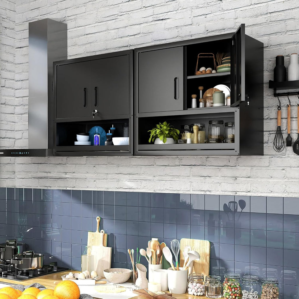 Metal Garage Wall Cabinet with Lock, Wall Mounted Metal Storage Cabinets with Doors and Shelf, Lockable Floating Tool Storage for Garage Basement Utility Room