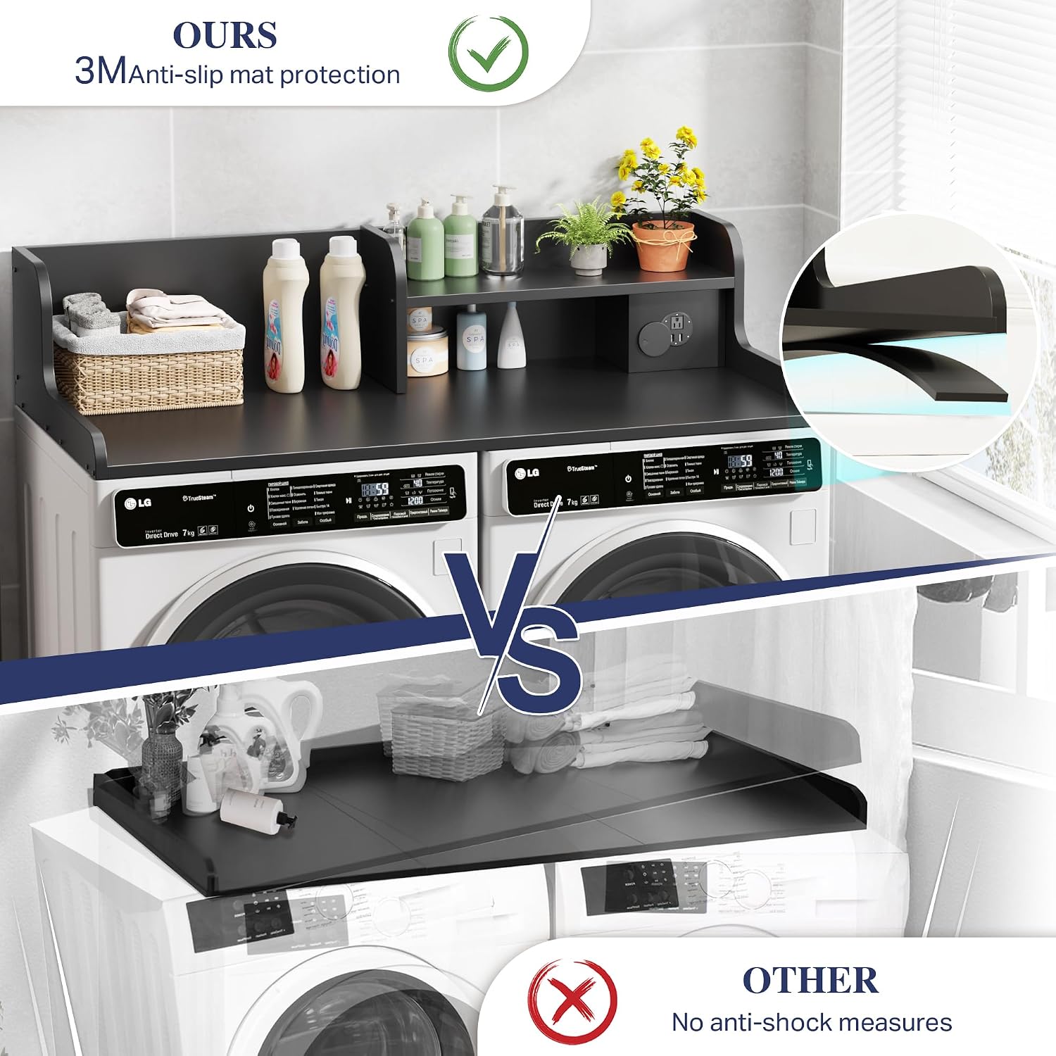 DTK Washer Dryer Countertop with Charging Station, 2 Tier Laundry Countertop with Anti-Slip Strips, 27.55' Depth x 54' Width, Wood Dryer Cover with Shelf, Black