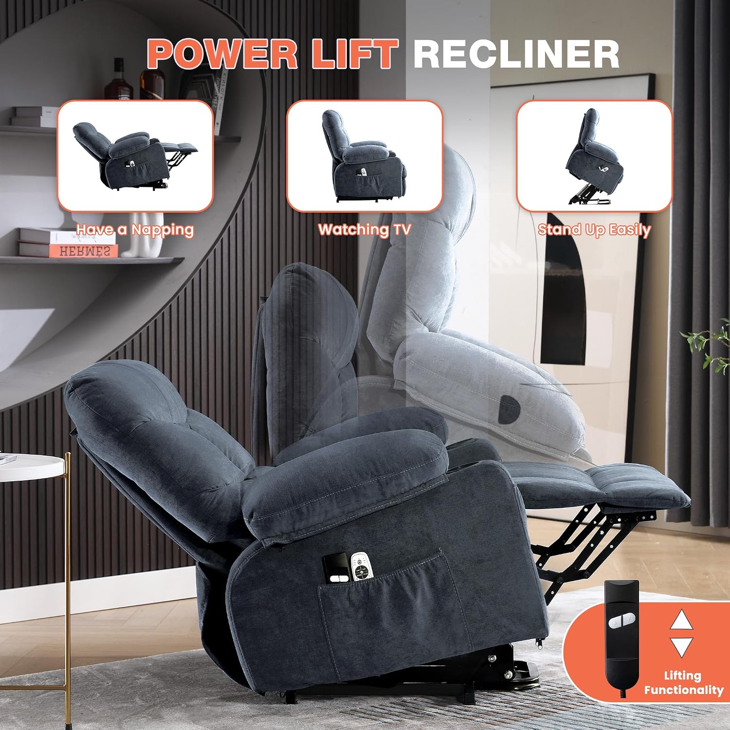 MAHOMICO Power Lift Recliner Chair for Elderly with Vibration Massage and Lumbar Heating, Electric Lift Recliner Single Sofa with Side Pocket, Two Cup Holders and USB Charge Port for Living Room