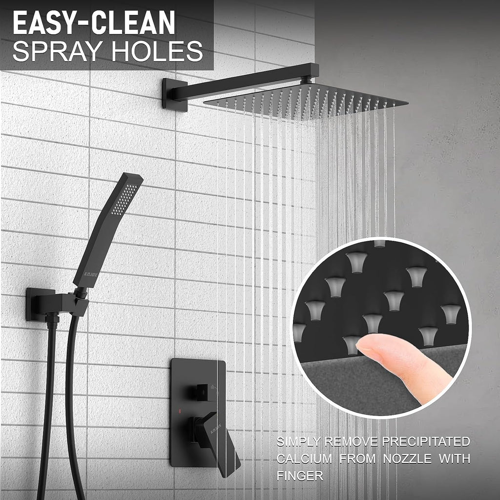 KOJOX Shower System with High Pressure 10'' Rainfall Shower Head, Handheld Shower head and Shower Faucet Trim valve, Bathroom Luxury Rain Mixer Shower Combo Set Wall Mounted Matte Black