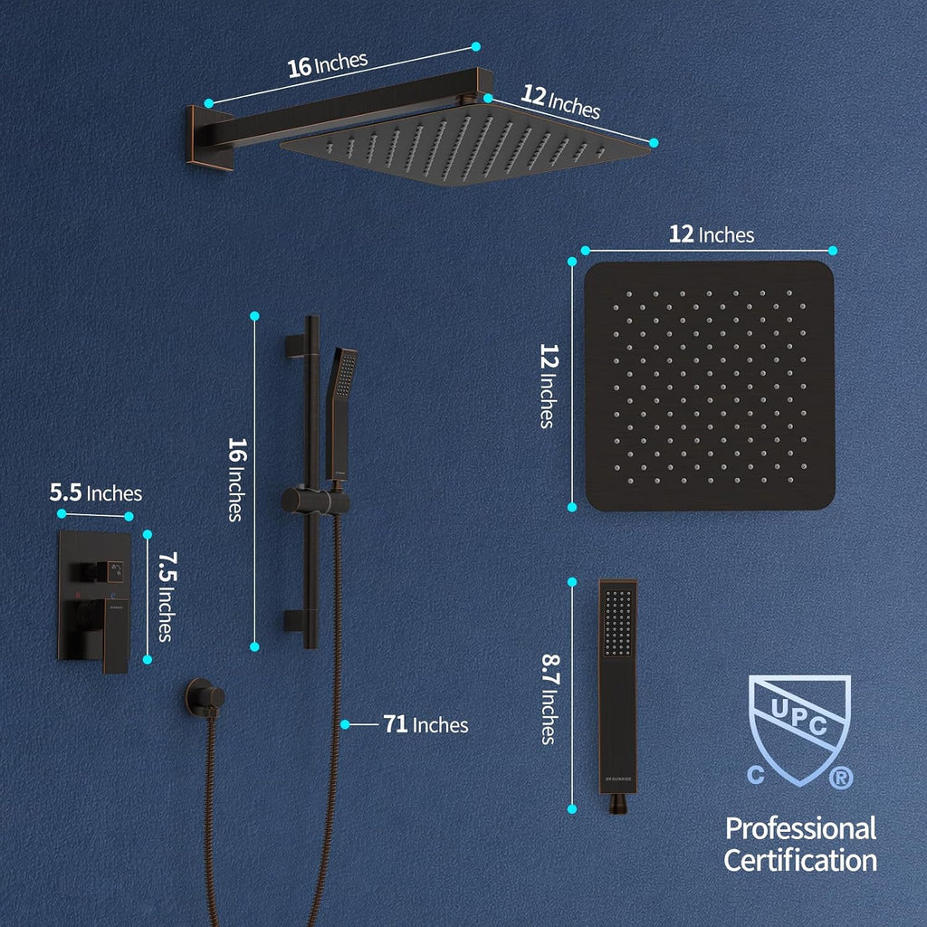 SR SUN RISE 12 Inch Oil Rubbed Bronze Shower Faucet Set, Wall-Mount Adjustable 16-Inch Slide Bar with Square Hand Shower System Included Valve and Trim Kit