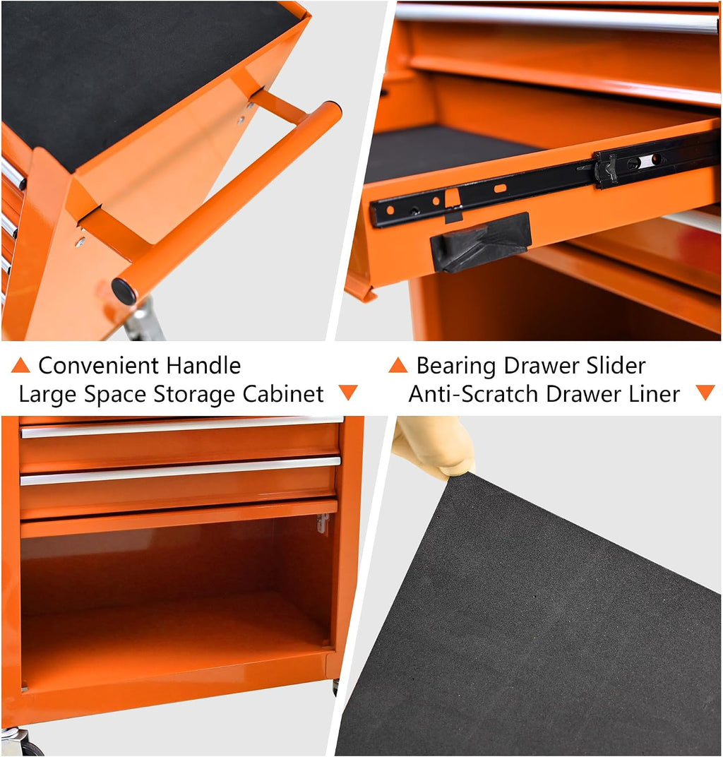 4-Drawer Tool Cart on Wheels, Drawers Rolling Tool Chest with 1 Cabinet, Mobile Trolley Organizer Tools Box with Locking Wheels & Ball Bearing Drawers for Garage,Warehouse,Repair Shop (Orange)