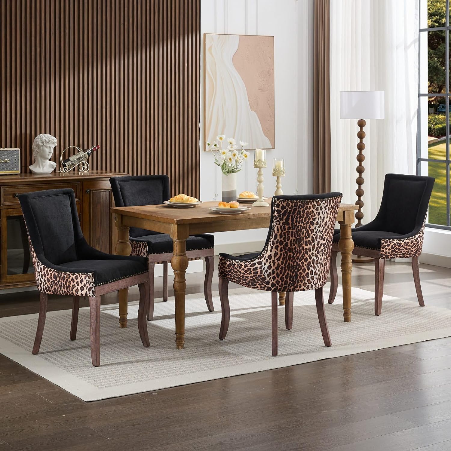 Ball & Cast Mid-century Upholstered Dining Chairs Set of 2, Thickened Fabric Wing Back Kitchen Side-Chairs with Bronze Nail Head & Toned Solid Wood Legs, Two Tone Traditional Chair,Black+Leopard Print