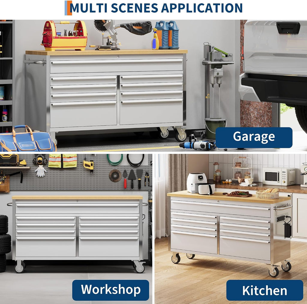 61'' Rolling Tool Chest with 9 Drawers and Wheels, Heavy-Duty Tool Cabinet, Mobile Workbench for Garage, Repair Shop and Tool Room, Stainless Steel Storage, Silver