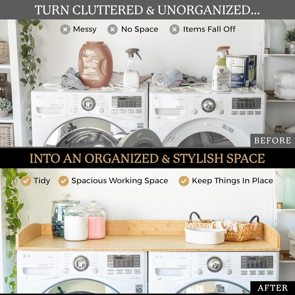 Nedura Washer Dryer Countertop for Washing Machine w/Anti-Vibration Pads&Curved Edge Rails, Bamboo Laundry Countertop, Washer Dryer Topper, Laundry Room Organization, Laundry Room Accessories-Natural