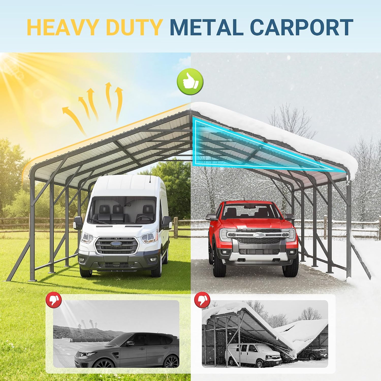 20x20 FT Metal Carport with Updated Roof & Enhanced Base, Heavy Duty Canopy Carport Garage, Vertaile for Car, Truck, Boat, Tractors, Party, Grey