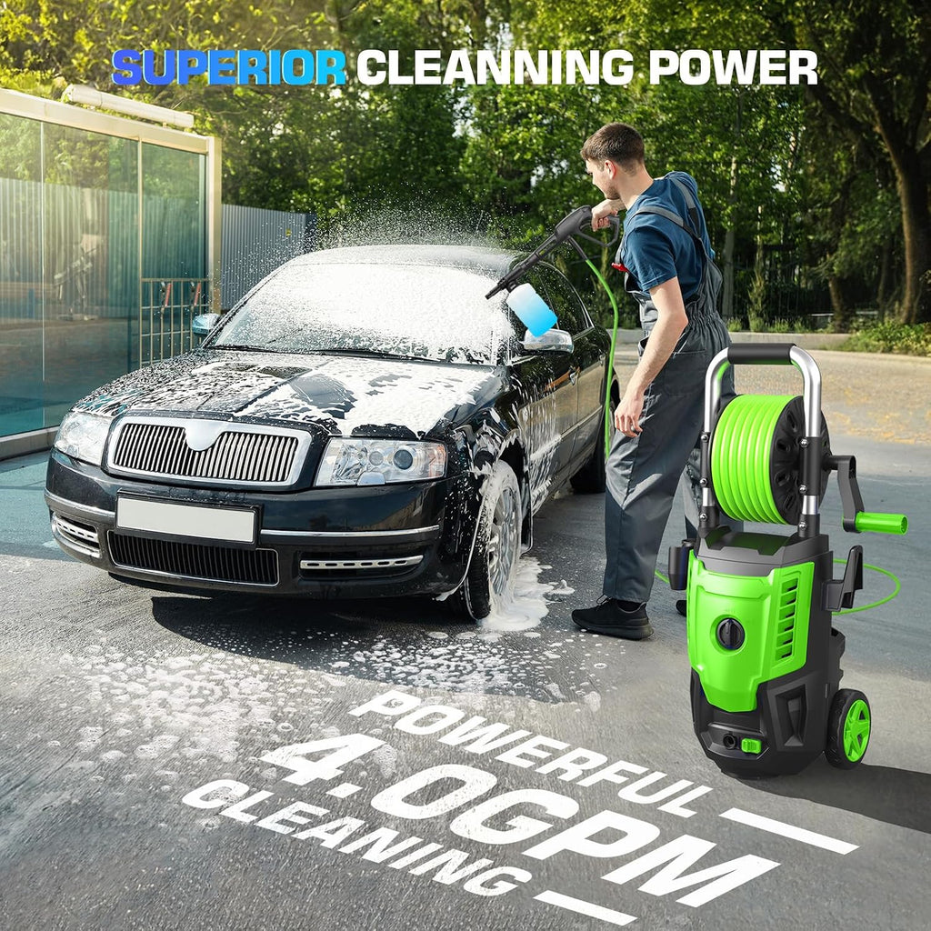 4800 PSI Electric Pressure Washer- 4.0 GPM High Power Washer with 33FT Hose Reel, 4 Spray Tips and Soap Bottle for Car Washing, Fence Cleaning, Patio Maintenance（Upgraded）(Green)