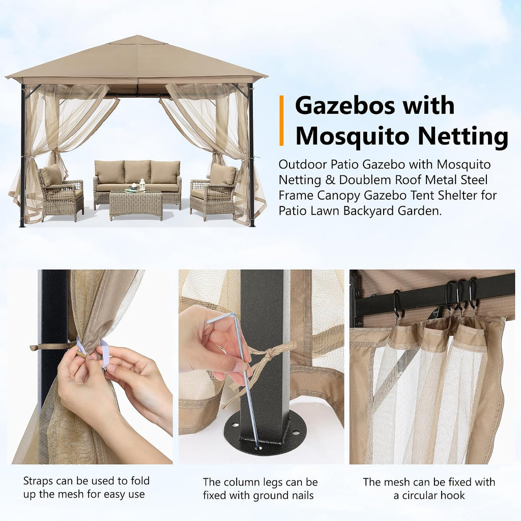 ABCCANOPY Outdoor Patio Gazebo 9x9 - Single Roof Canopy with Mosquito Netting for Backyard, Deck, Garden, Lawn, Khaki