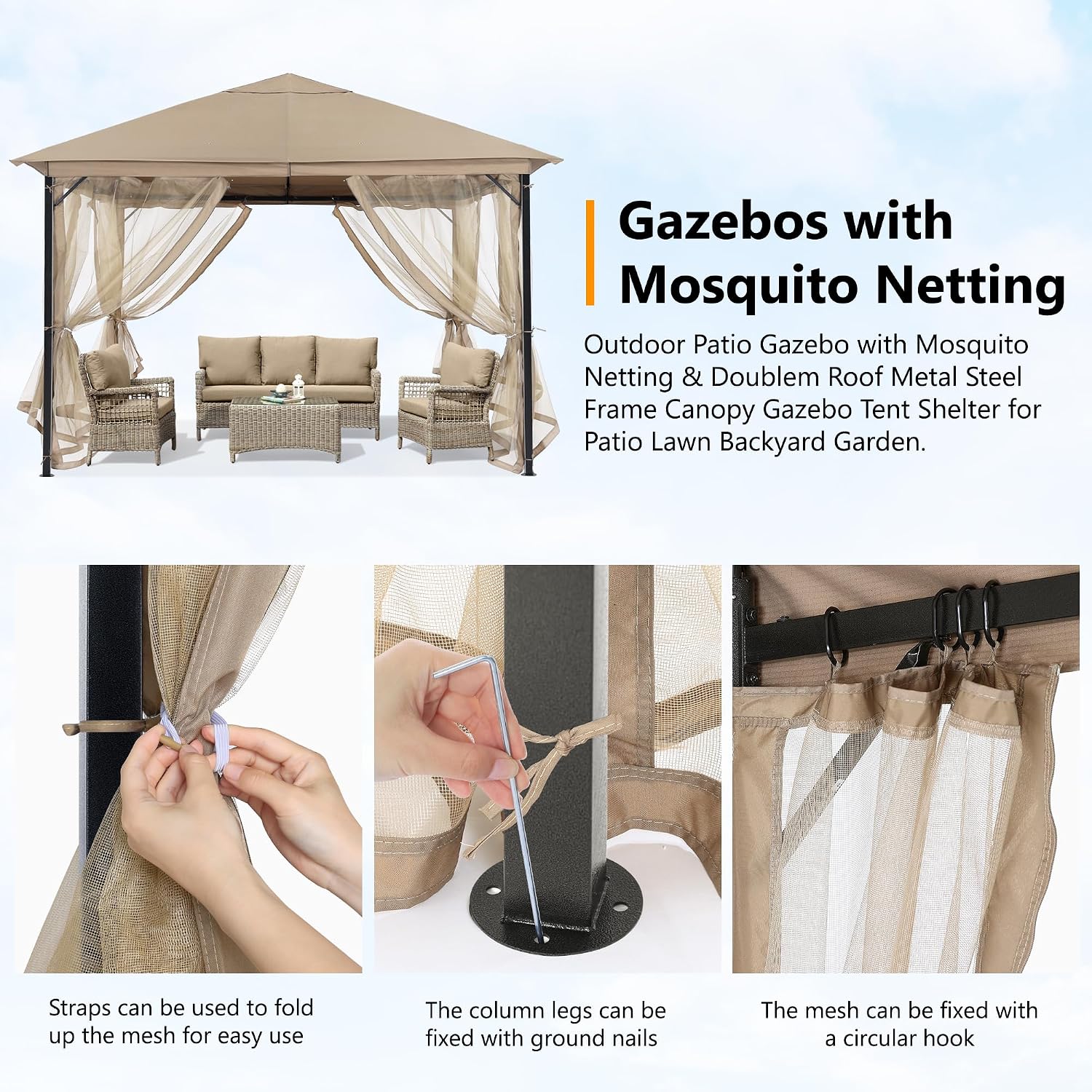 ABCCANOPY Outdoor Patio Gazebo 9x9 - Single Roof Canopy with Mosquito Netting for Backyard, Deck, Garden, Lawn, Khaki