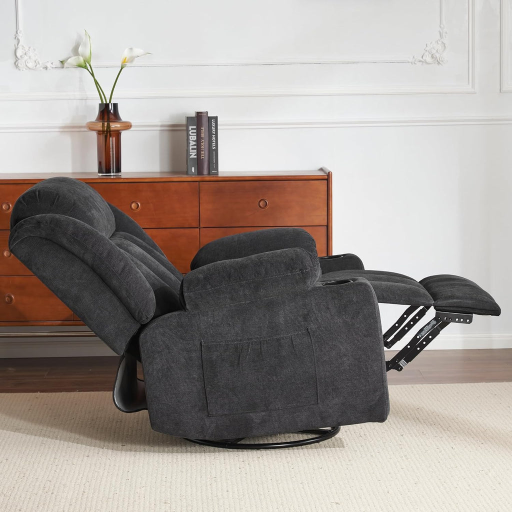 Ketaiyou Rocker Swivel Recliner Chair for Adults, Overstuffed Large Manual Recliner Glider with Massage and Heat, Comfy Soft Fabric Living Room Reclining Sofa Chair (Black1)