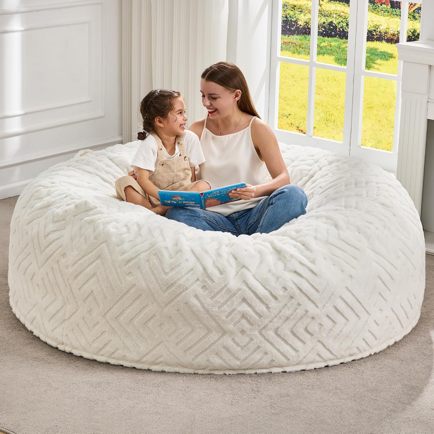 Hobestluk Bean Bag Chairs Adults Beanbag Chair with Filler Large Bean Bags with Fluffy Embossed Cover, Giant Bean Bag Chairs for Adults (White, 6FT - 70' x 70' x 15')
