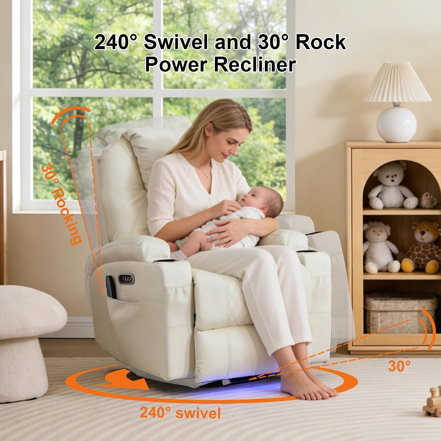 Dual Motor Power Swivel Rocker Recliner Chair for Adults with Heat and Massage,Electric Wall Hugger Glider Rocking Recliner for Nursery Living Room with LED Lights,USB A&C Ports(Beige, Single)