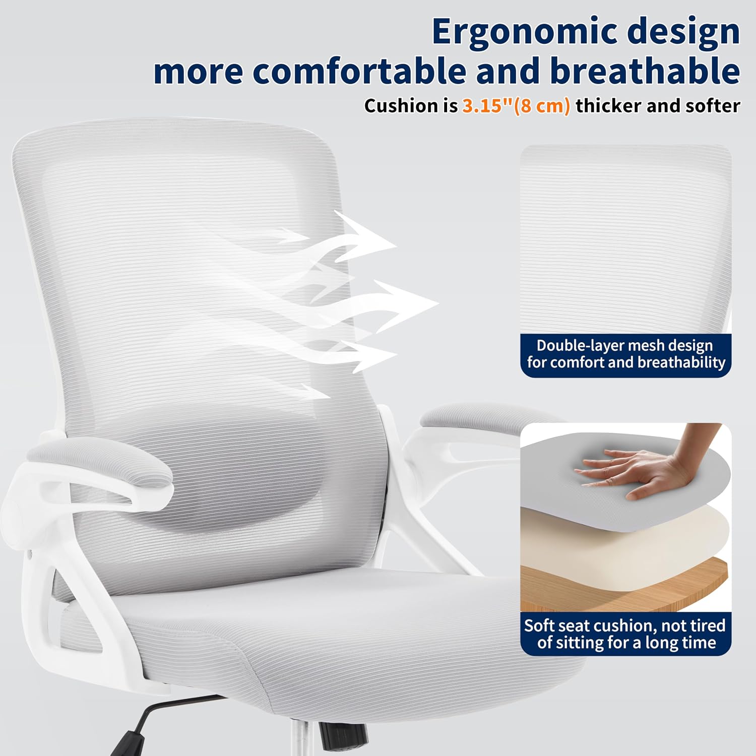 Ergonomic Office Chair, Desk Chair with Adjustable Lumbar Support, Breathable Mesh Comfy Computer Chairs with Flip-up Armrests Executive Task Chair for Adults Home Office(Gray)