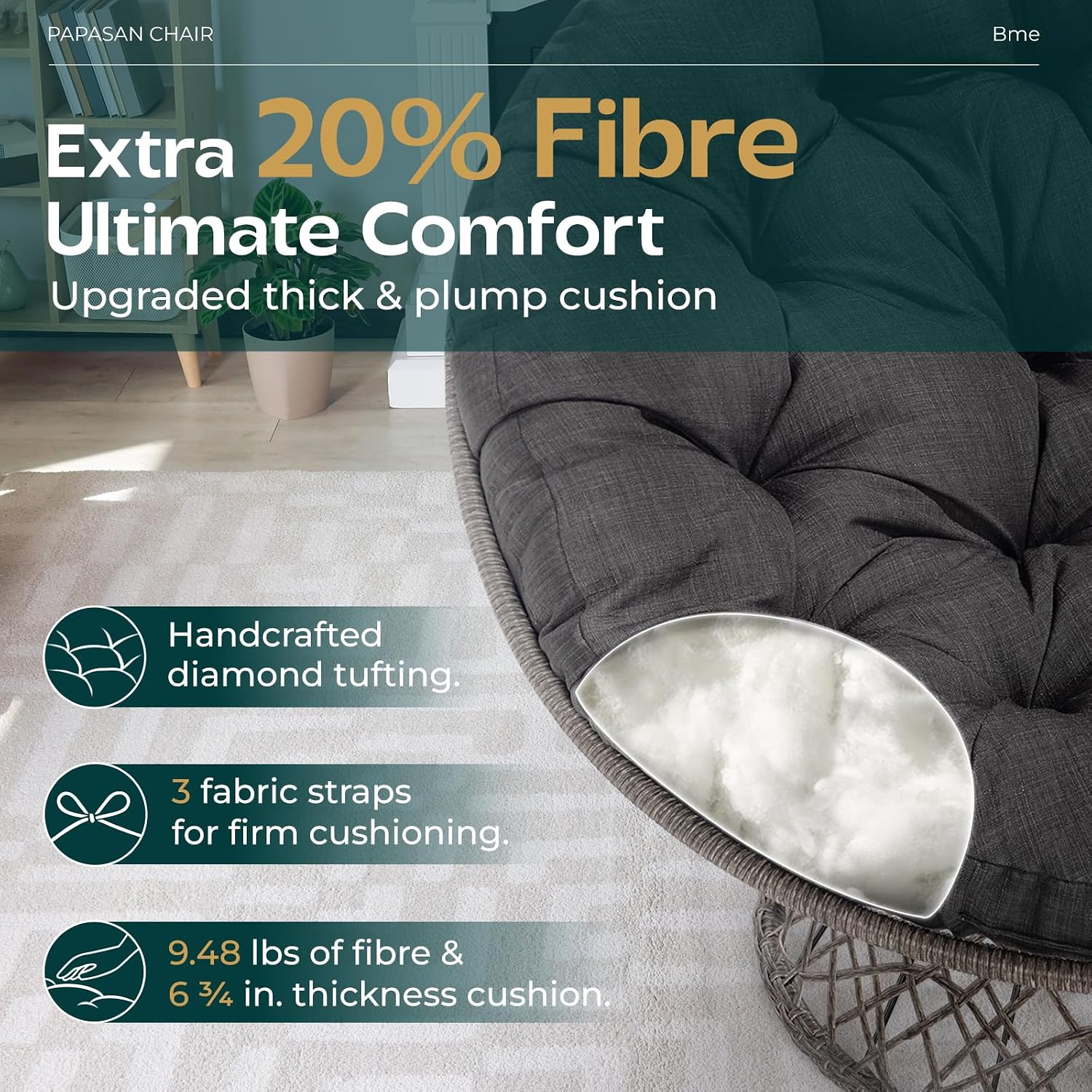 Bme 46' Large Size Ergonomic Wicker Papasan Chair with Soft Thick Density Fabric Cushion, Bee-Designed Base, High Capacity Steel Frame, 360 Degree Swivel for Living, Bedroom,...